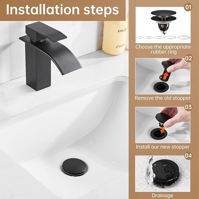 Fransiton Universal Bathroom Sink Drain Stopper, Big-Cap Pop-up Drain Fits 1.1" -1.77" Lavatory Vanity RV Sink, Anti-Clogging Drain Plug with Detachable Hair Catcher Matte Black
