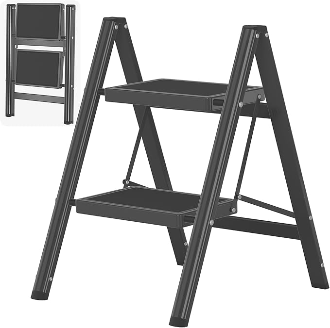 2 Step Ladder, Folding Step Stool with Anti-Slip Wide Pedal, Anti-Slip Feet, Sturdiest Steel Construction, Steel Ladder for Home and Office, Black