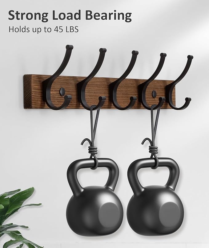 Coat Rack Wall Mount, 16.5 Inches Wood Coat Hooks Wall Mount, Wall Coat Rack with 5 Hooks, Hat Rack Wall Hooks for Hanging Coat, Bag, Towel (2Pack, Brown)