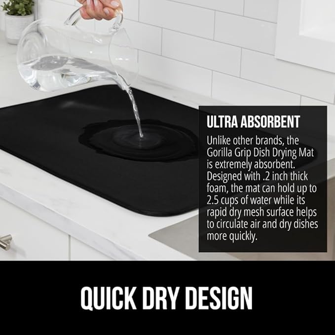 GORILLA GRIP Ultra Water Absorbent Microfiber Dish Drying Mat, Quick Dry Thick Mesh, Slip Resistant Pad for Sink Dishes or Under Rack, Kitchen Counter Accessories, Machine Wash Mats, 18x16 Inch, Black