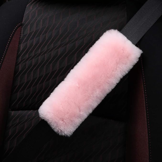 OGLAND 2 Pack Automotive Authentic Sheepskin Car Seat Belt Pads, Soft Shoulder Pad, Neck Cushion Protector, Genuine Natural Merino Wool (Korean Pink)