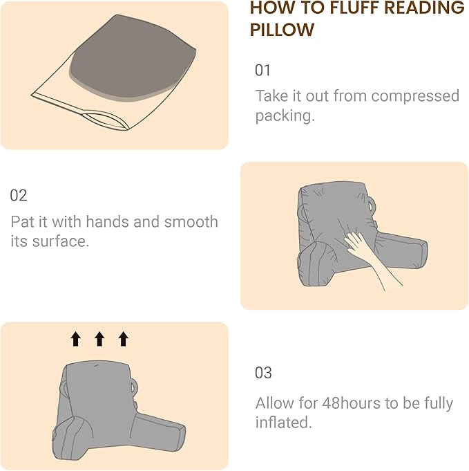 Portable Comfy Reading Pillows for Bed Sitting Up(Camel Oeko-Tex), Velvet Back Pillow with Arms & Pockets for Adults, Support Memory Foam Bed Pillow for Dorm/Reading/Watching/Gaming