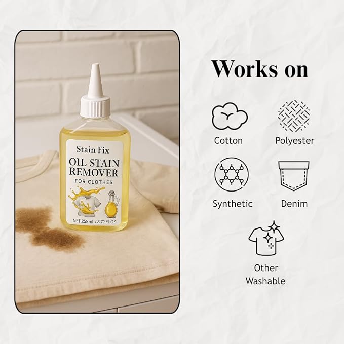 Oil Stain Remover for Clothes (8.72oz) - Fabric Stain Remover For Cooking, Engine, Dried Oil And Grease Stains - Safe for All Fabric Types