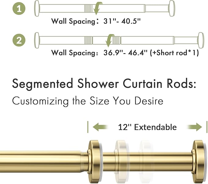 AmazerBath Spring Tension Shower Curtain Rod, 31-46.5 Inches Heavy Duty Shower Curtain Rod Rust Proof Bathroom Curtain Rod, Adjustable Shower Curtain Rod No Drill Easy Segmented Installation, Gold
