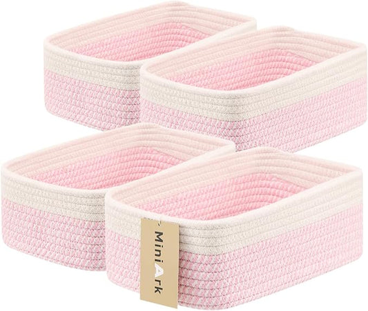 MiniArk Small Storage Baskets for Organizing | Closet Organizer Bins | Shelf Toy Basket | Woven Rope Baskets | Cube Decorative Box | Shallow Basket | 11.5x7.5x4.7” | 4 Packs White Pink