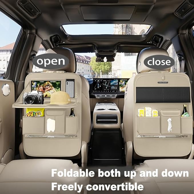 GMQ Back Seat Car Organizer 1 Pack, Backseat Organizer with Tray, Multifunctional Car Seat Back Storage Box with Foldable Tablet Holder (Beige, Plain weave)