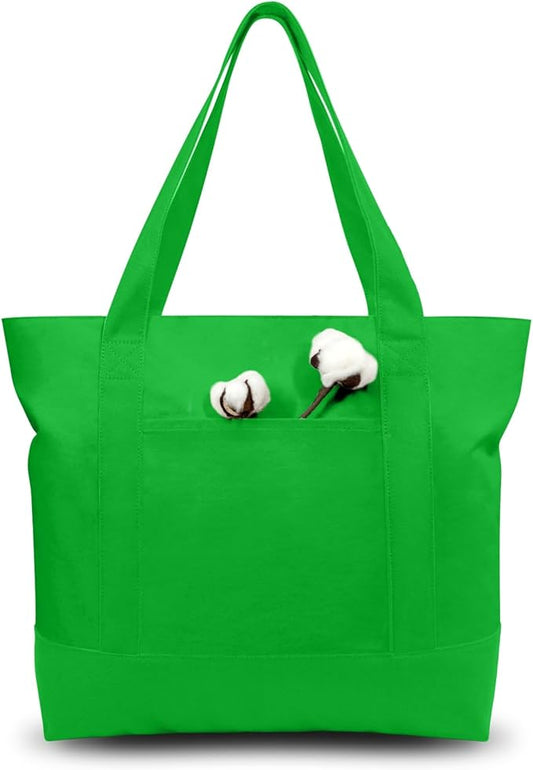 TOPDesign 6-Pack Canvas Tote Bags with an External Pocket, Reusable Grocery Shopping Bags, Top Zipper Closure, Daily Essentials (Lime Green)