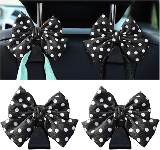 Mandark 2PCS Car Seat Hooks - Cute Bow Vehicle Hooks for Purses & Bags, Universal for SUV, Sedan, Truck (Black/Polka Dot)