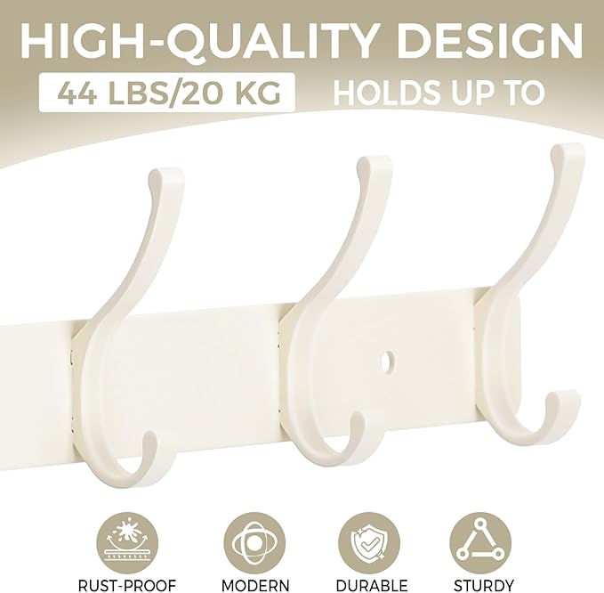 Coat Rack Wall Mount, 2 Pack Coat Hooks Hanger Wall Double Hook Rack Rail Towel Hat Rack Entryway Bathroom Hanger Organizer for Robes, Clothes, Bags, Hat(White)