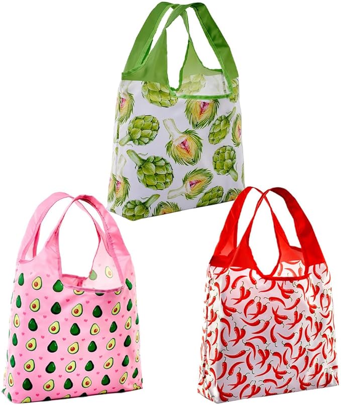 O-WITZ Reusable Grocery Bags | Vibrant Tote Bag For Groceries, Beach Gear, Toys & More | Washable Design With Large Handles For Maximum Convenience | Folds Into A Small Pouch, 3-pack, Veggies
