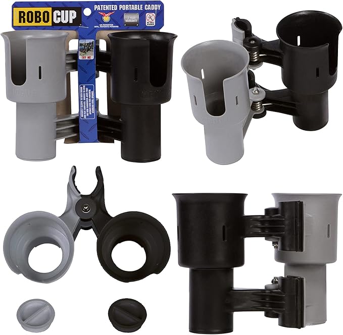 ROBOCUP, (Black&Gray), Patented Clamp On Boat Cup Holder | Multifunction Dual Drink Caddy for Fishing Poles, Tools, Net, Gaff | Portable Storage for Boating, Beach, Umbrellas, Golf Carts, Strollers