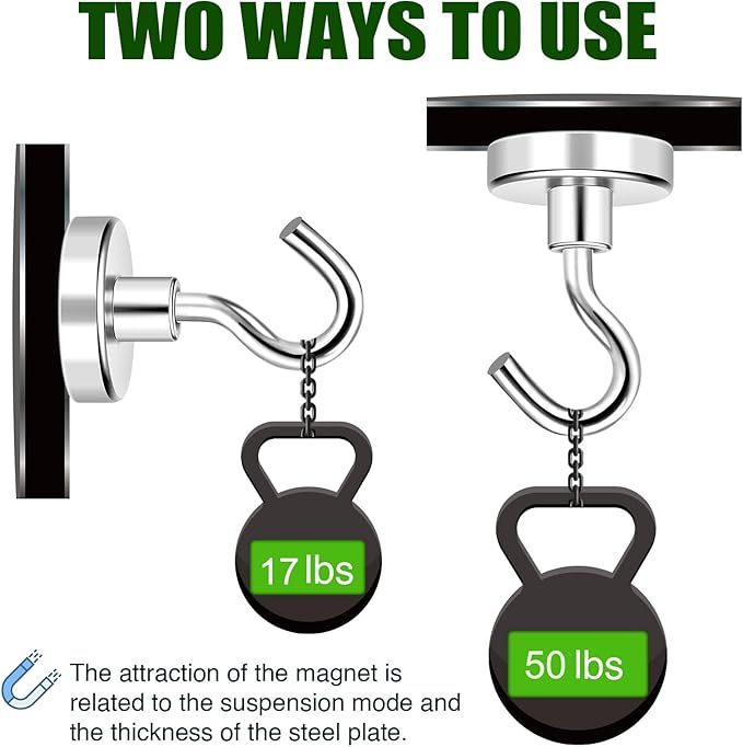MIKEDE Magnetic Hooks Heavy Duty,50lbs Earth Magnets with Hooks for Refrigerator, Strong Magnets with Rust Proof Metal Hooks for Cruise Cabins, Outdoor Hanging BracketsClassroom, Outdoor - 12 Pack
