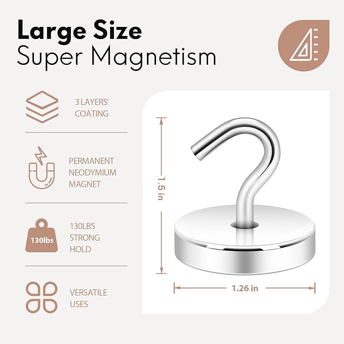 Neosmuk Magnetic Hooks, Cruise Ship Essentials, 130lb+ Heavy Duty Magnetic Hooks for Cruise Cabins, Refrigerator, Grill, Hanging, and Travel | Extra Strong Must-Haves Magnet Hook,Silver