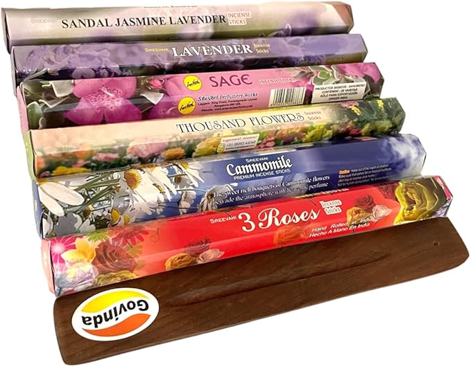 Sreevani Incense Sticks Variety Pack #12 and Incense Stick Holder Bundle Gift Set with 6 Flower #2 Theme Fragrances