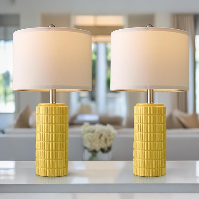PoKat 23" Yellow Table Lamps Set of 2, Modern Living Room End Table Lamps Decor, Ceramic Lamps for Living Room, Contemporary Nightstand Lamps for Side Console Table Hallway Gift
