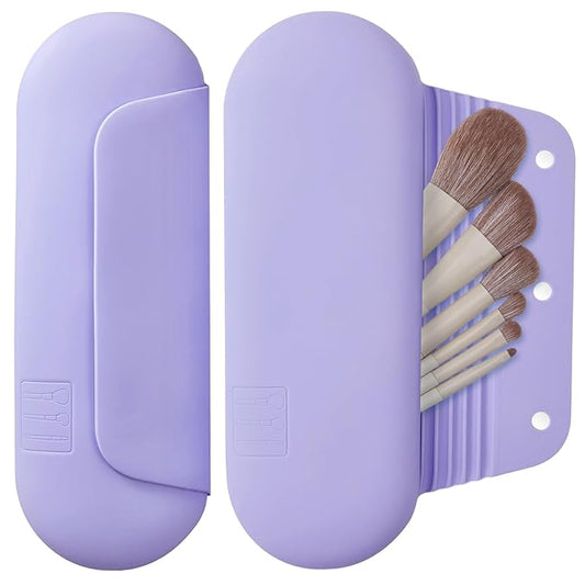 AGIKET Silicone Makeup Brush Holder Travel Cosmetic Bag：Soft Portable Cosmetic Face Brushes Holder with Upgrade Anti-Fall Out Magnetic Closure, Large Travel Makeup Brush Case - Lavender