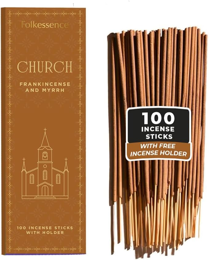 Folkulture Church Incense Sticks | Set of 100 Insence-Sticks with Holder for Relaxation | Frankincense & Myrrh, Catholic Incense | Organic, Slow Burning & Non Toxic Inscents for Worship
