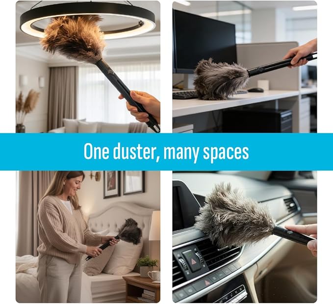 Retractable Feather Duster 8-14 in Adjustable - Natural Ostrich Feather Duster for Cleaning Ceiling Fans, Blinds, Plantation Shutters, Walls & Furniture - Quality Checked in USA - 2 Pack