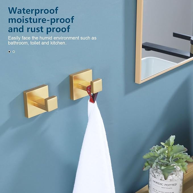 KOKOSIRI Bath Towel Hook Wall Mount Square Robe Hook Coat Hook, Bathroom Kitchen Garage Heavy Duty Wall Mounted, SUS 304 Stainless Steel, Brushed Gold, B1010BG-P2