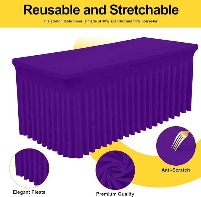 Smiry Spandex Tablecloth, Elastic Fitted Stretch Tablecloth for 8FT Rectangle Tables, Waterproof Washable Table Cover Skirt for Outdoor, Wedding, Banquet & Parties (Purple, 96Lx30Wx30H Inch)