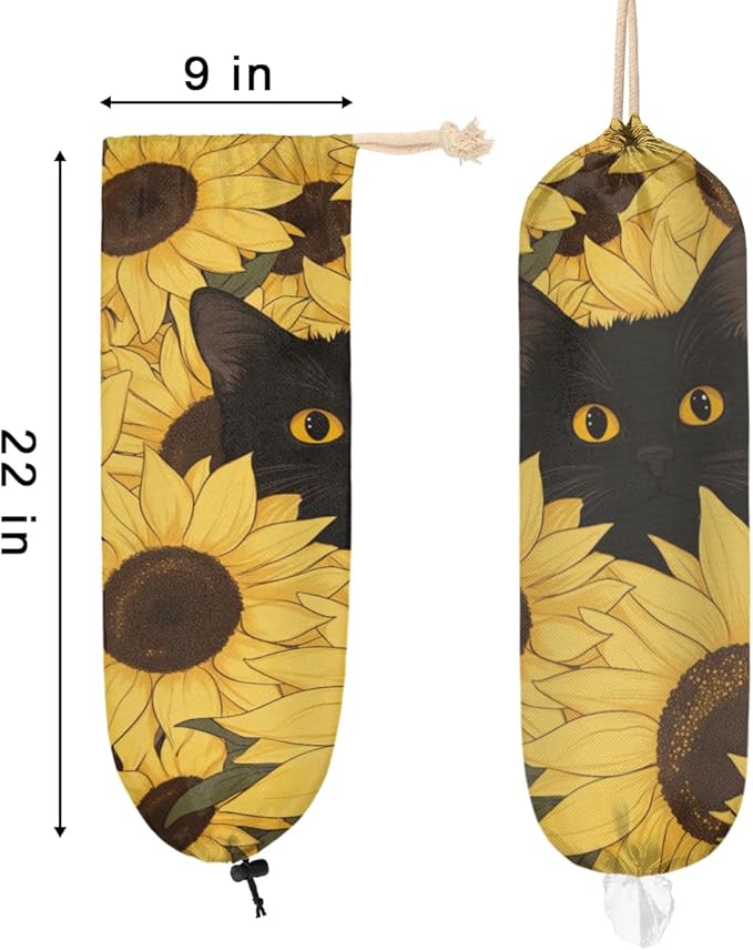 Sabokido Animal Cat Plastic Bag Holder Yellow Sunflower Grocery Bag Storage Dispenser Washable Hanging Shopping Bags Carrier Reusable Wall Mount Trash Bag Organizer for Kitchen Pantry