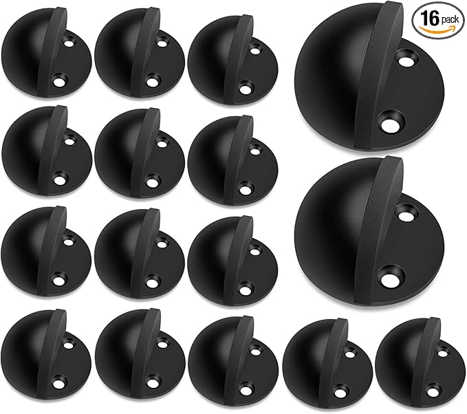 16 Pack Door Stoppers Black Slef Adhesive Floor Door Stops No Drill Rubber Bumper Doorstop Wall Protector, Stainless Steel Dome Shaped