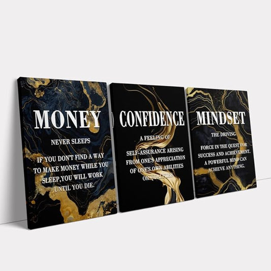 KAWAHONE- Money Never Sleeps, Motivational Canvas Wall Art,Inspirational Poster, Confidence Mindset Wall Decor Framed Inspirational Entrepreneurs Painting Prints Quotes Poster for Office Workplace Ready to Hang