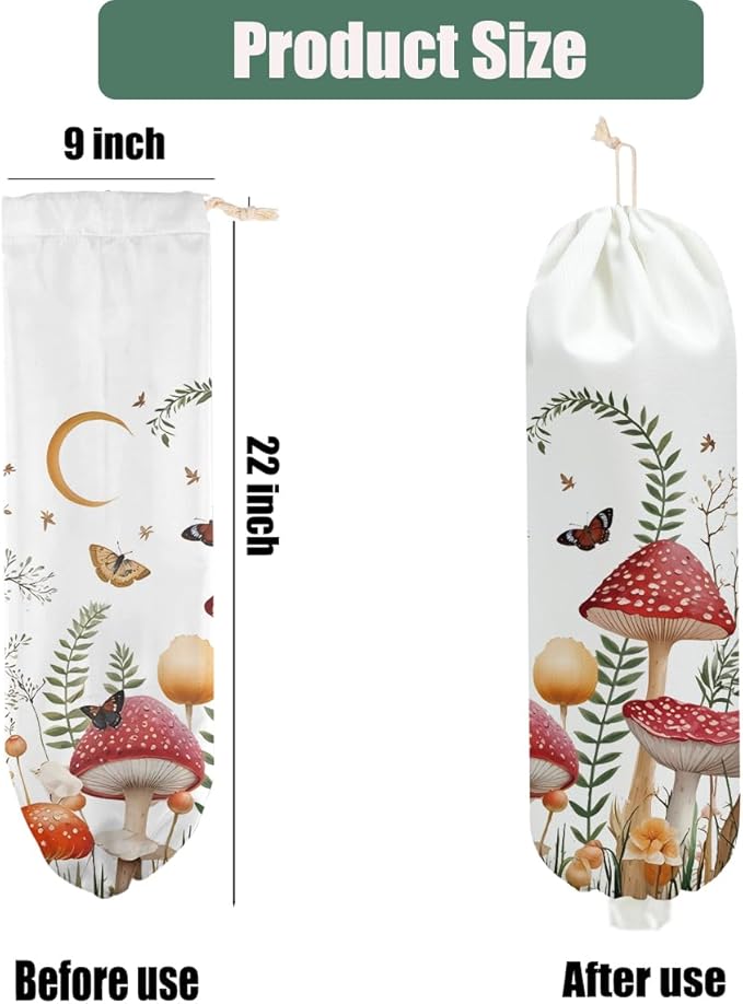 Mushroom Plastic Bag Holder, Wall Mount Plastic Holders for Grocery Bags, Butterfly Large Waterproof Grocery Bag Storage Dispenser for Home Kitchen Pantry Decor, Cute Mushroom Gifts for Women Mom