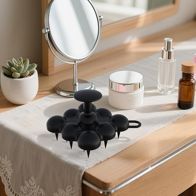 Silicone Scalp Massager Shampoo Brush for Hair Growth, Dandruff Removal & Wet/Dry Care, Hair Scrubber Scalp Stimulator Exfoliator Brush with Soft Bristles for Men & Women, Black