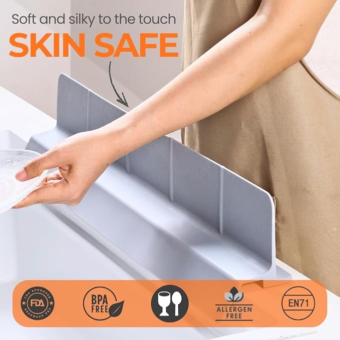 MessOut Extra Large Silicone Kitchen Sink Splash Guard 58x9x10cm– Non-Slip with Strong Suction, Non Crumble, non-harmful, Durable & Easy-to-Clean Protector for a Mess-Free Sink and Dishwashing (Grey)