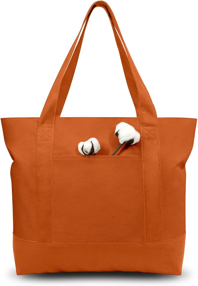 TOPDesign 6-Pack Canvas Tote Bags with an External Pocket, Reusable Grocery Shopping Bags, Top Zipper Closure, Daily Essentials (Orange)