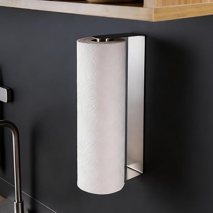 YIGII Adhesive Paper Towel Holder Under Cabinet - Self Adhesive Paper Towel Rack Wall Mount for Kitchen, SUS-304 Stainless Steel Papertowel Holder, Silver