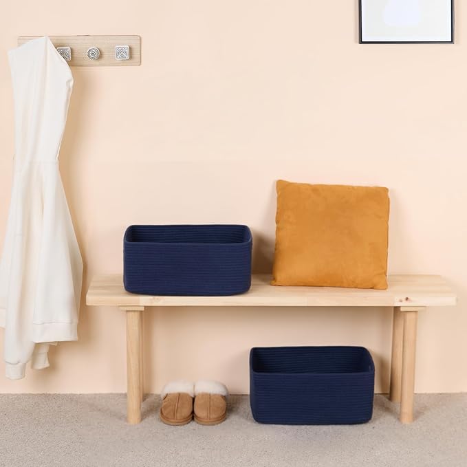 MiniArk Large Storage Baskets for Shelves, Closet Organizers Bins for Clothes Blanket Towels, Baby Nursery, Toy Baskets Box, Woven Rope Baskets, 17 x 13 x 7.5”, 3 Packs Navy Blue