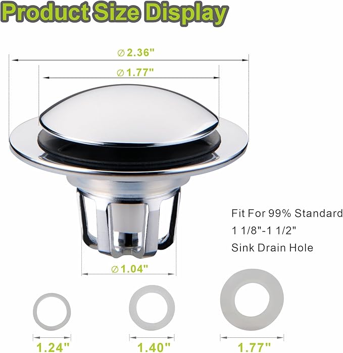 Chrome Bathroom Sink Drain Stopper,Pop Up Sink Drain Stopper Universal 2-in-1 Design with Hair Catcher, Glimflorus Bathroom Sink Stopper and Anti-Clog Strainer for 1 1/8"-1 1/2" Drain Holes