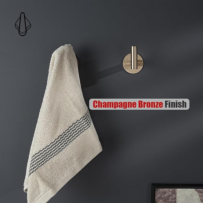 JQK Self-Adhesive Towel Hook Champagne Bronze, No Drill Stick-on Coat Robe Clothes Wall Hook for Bathroom, 2 Pack, 304 Stainless Steel, ATH110-CB-P2