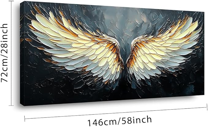 ZESTRILIA Angel Wings Wall Art for Girls Room Gold Gray Canvas Oil Painting Prints Modern Abstract Fantasy Anime Artwork Living Bedroom Office Decor Extra Large (58x28 Inches)