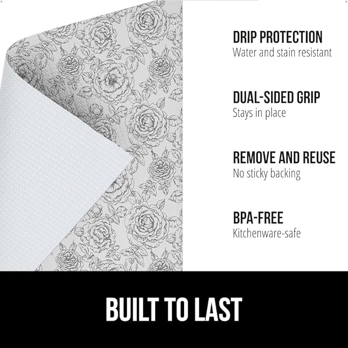 GORILLA GRIP DripGuard Shelf Liner, Non-Adhesive Drawer and Kitchen Cabinet Protector, Strong Grip Slip Resistant Underside, Smooth Surface Liners for Cabinets, Bathroom Closets, 12x120 In Floral Gray