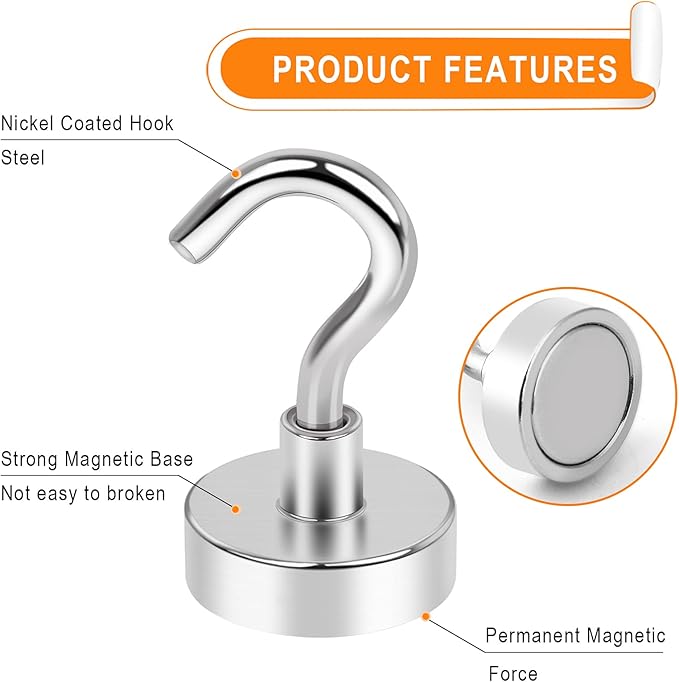 MIKEDE Magnetic Hooks, 30Lbs+ Strong Magnetic Hooks Heavy Duty for Cruise Cabins, Super Hanging Hooks Neodymium Magnets with Hook for Fridge, Grill, Toolbox, Storage, Pack of 4