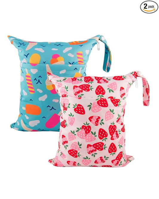babygoal Wet Dry Bags for Baby Cloth Diapers, Washable Travel Bags, Beach, Pool, Gym Bag for Swimsuits & Wet Clothes with Two Zippered Pockets 2 Pack LN02