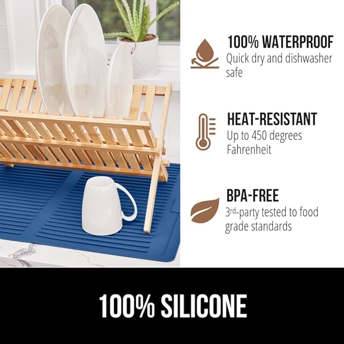 GORILLA GRIP 100% BPA-Free Patented Silicone Dish Drying Mat for Kitchen Counter, 18x16 Inch, Water Catching Ribbed Design, Easy Clean Waterproof Sink Liner, Heat Resistant, Fits Under Rack, Blue