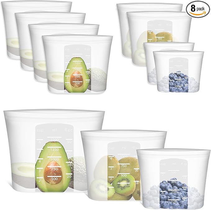 Reusable Storage Bag, 8 Pack 100% Silicone Food Storage Bags Stand Up Silicone Zip Lock Bags for Food Container, Freezer Microwave Oven Dishwasher Safe, 4 Medium 2 Small 2 Extra Small, Translucent
