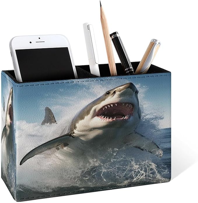 Famame Shark Jumping Out Water Pencil Holder for Desk, Leather Desktop Container Pen Cup Storage Study Table Pen Organizer Makeup Brush Holder for Classroom Office Home