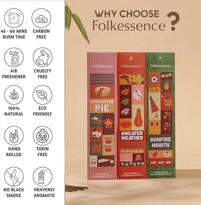 Folkulture Incense Stick | Set of 6 (120) Fall Incense Sticks with 45 Mins Burn Time | Organic Fall Scents for Home | Pumpkin Spice Insence-Sticks for Fall Essentials, Non Toxic Vanilla Iscents