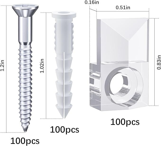 Mirror Holder Clips Kit,Crystal Clear Plastic Mirror Clip,Mirror Holder Clips Glass Retainer Clips Kit,Mirror Hanging kit with Screws and Fixed Mirror Box Door (Classic Style-100Sets)