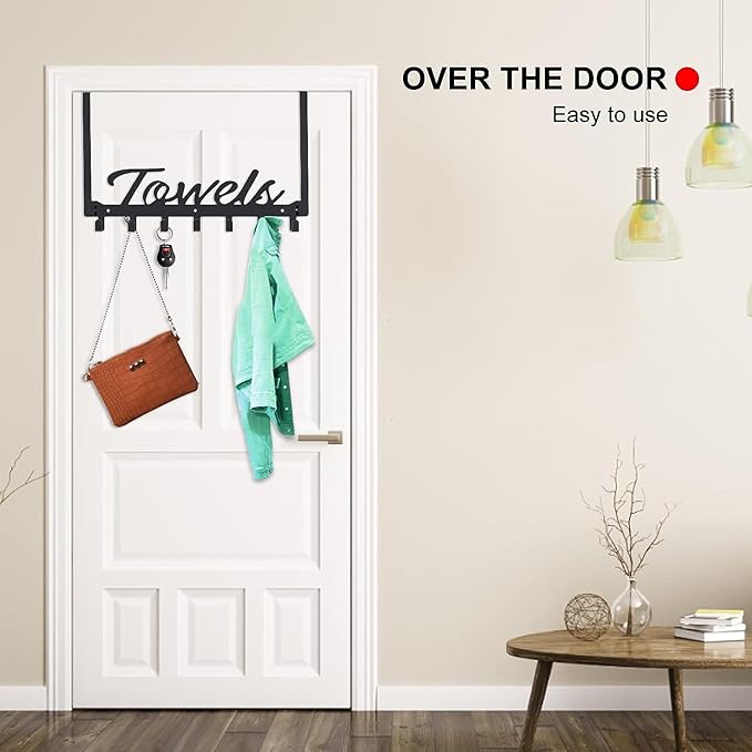 2 Pack Over The Door Hooks, Towel Rack for Bathroom Towel Holder for Hanging Heavy Duty, Over Door Towel Hanger with 12 Coat Hooks for Bedroom Bathroom Kitchen Towels, Bag, Hats, Black