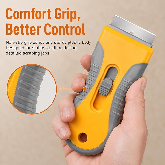 Razor Blade Scraper Tool, 2 Pack Scraper with 20 Replacement Blades, Retractable Scraper with Safety Lock and Non-Slip Grip for Removing Stickers, Labels, Paint, Caulk from Windows, Cooktop and Glass