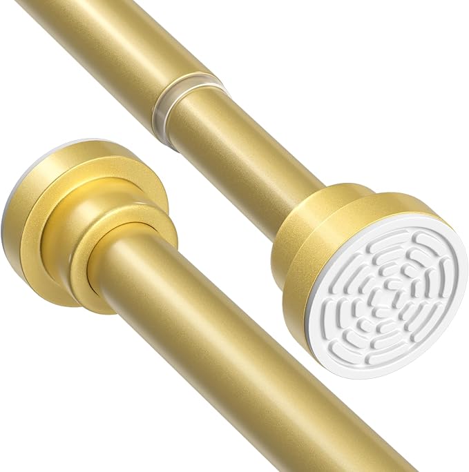 AIZESI 1Pack Tension Curtain Rod 32 to 64 Inch No Drilling Adjustable Spring Loaded Curtain Rods for Window Bedroom Doorway Closet, Gold