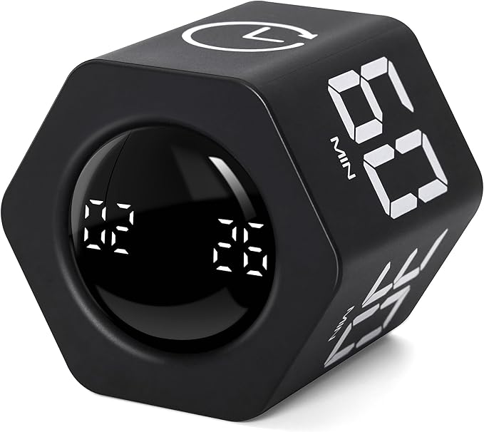 Productivity Timer 1, 5, 10, 30, 60 Minutes Preset, Desk Cube Timer with Gravity Sensor/Mute/Vibration for ADHD, Work, Study, Kitchen, Back to School (1, Black)
