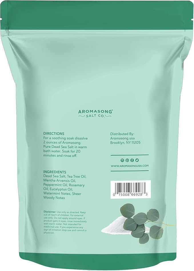 Aromasong Dead Sea Salt - Fine Grain Spa Bath Salt Eucalyptus Scent 14 Oz – 100% Pure & Natural - Soak for Women & Men for Skin Issues and to Relax Tired Muscles