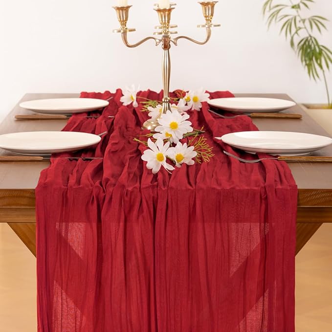 Socomi Red Cheesecloth Table Runner Summer Boho Rustic Gauze 120 inch 10FT Cheese Cloth Sheer Runner for Wedding Party Baby Shower Birthday Home Decor Holiday Decorations